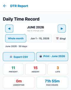 An employee’s daily time record showing present, absent and late days