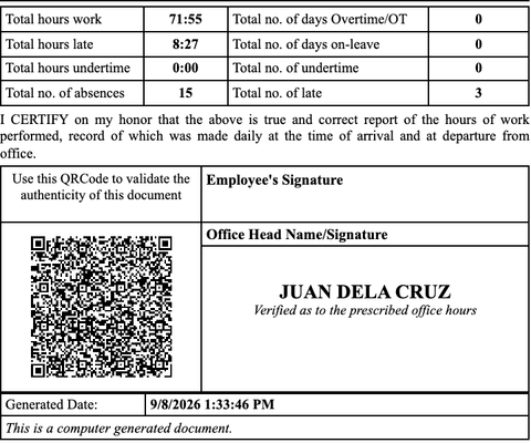 A printed Daily Time Record with a QR code an auditor can scan