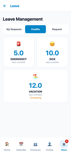 Leave credits showing emergency, sick and vacation days available