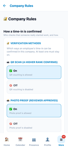 Company rules for how a time-in is verified