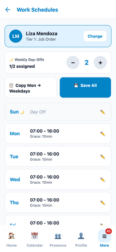Setting an employee’s work schedule, breaks and rest days