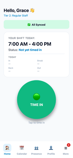 The InyoCheck home screen with a single TIME IN button